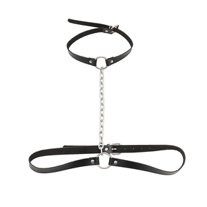 Punk style black PU leather body chain harness with silver metal rings and adjustable straps