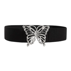 Elegant black elastic waist belt with hollow silver butterfly buckle for women dresses
