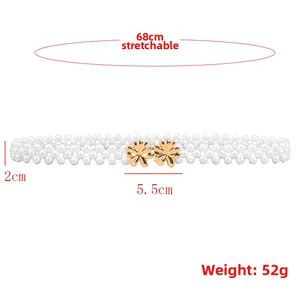 Elastic pearl waist belt with golden flower buckle, 68cm length and 2cm width details