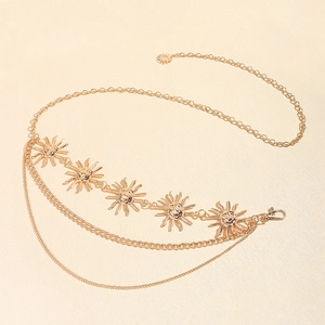 Adjustable gold sunflower layered waist chain with sun relief pendants for dresses