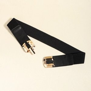 Elastic black waist belt for women with elegant gold geometric metal buckle for dresses