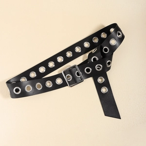 Black punk style belt with double silver eyelets and a classic square metal buckle