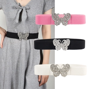 Elastic Waist Belt For Women Rhinestone Butterfly Buckle Waist Cincher Versatile Wide Cinch Belt For Dress Decoration