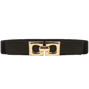 Women's black elastic waist belt with decorative gold interlocking square buckle