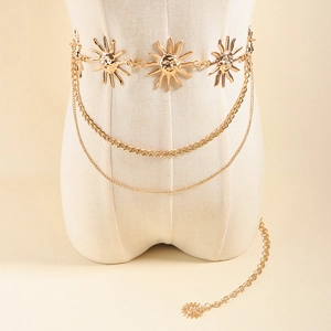 Vintage Y2K gold sun goddess layered body chain belt with bohemian sun relief charms