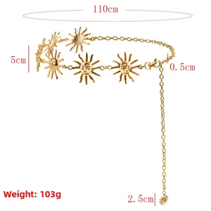 Detail view of golden sunflower metal waist chain with 110cm length and 103g weight