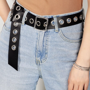Women Punk Style Double Row Grommet PU Leather Belt Silver Square Pin Buckle Hip Hop Decorative Jeans Belt For Music Festival