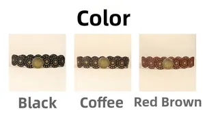 Trois ceintures vintage style western en noir, marron et marron-rouge avec boucles bronze