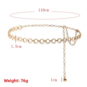 Detail view of a 110cm gold metal chain belt featuring hollow rings and a ball pendant