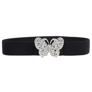 Elastic black waist belt for women with sparkling rhinestone butterfly silver buckle