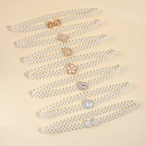 Elastic pearl waist belts for dresses featuring rhinestone floral buckles and white beads