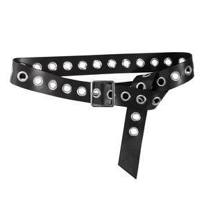 Punk style black faux leather belt with double row silver eyelets and a square metal buckle