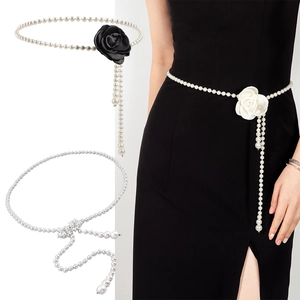 Elegante Imitatie Kunstparel Ketting Riem Voor Vrouwen Met Satijnen Camellia Bloem Strass Vlinder Verstelbare Taille Riem Voor Jurken Feest Accessoires