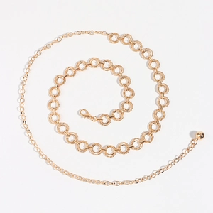 Elegant gold metal waist chain with textured hollow rings and adjustable lobster clasp