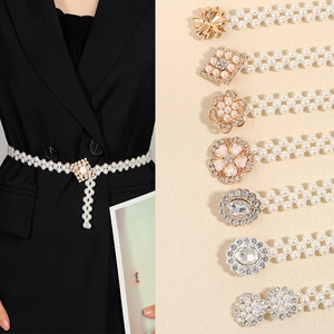 Women Elastic Artificial Pearl Waist Chain Belt Rhinestone Flower Buckle Decorative Accessory For Dresses Elegant Fashionable