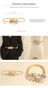 Detail of gold leaf buckle on elastic spring waist chain with rhinestones and size specs