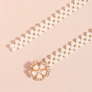 Elastic pearl waist belt for dresses with rose gold flower buckle and pink cat eye stone