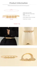 Detail of gold leaf spring waist chain showing dimensions and elastic stretch on dress