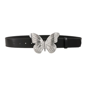Ceinture tendance en cuir noir pour femme avec une grande boucle papillon en métal argenté