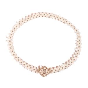 Elegant white pearl elastic waist belt with a diamond flower buckle for dresses