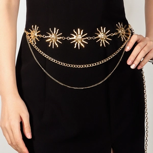 Golden multilayer sunflower metal waist chain with face relief and adjustable link chain