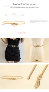 Detail view showing gold spring waist chain with leaf buckle for dresses