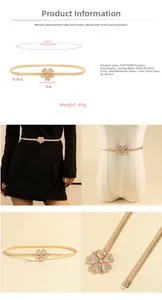 Detail of gold leaf spring waist chain with rhinestone flower buckle for dresses