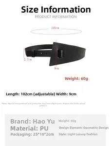 Tableau des tailles montrant la longueur de 102cm et la largeur de 9cm de la ceinture PU