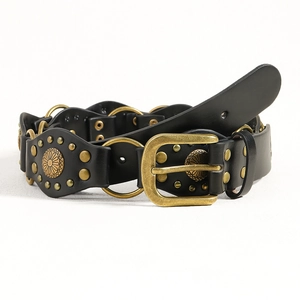 Cintura Larga Boho con Borchie da Donna Stile Western Cowboy Punk in Ecopelle con Anelli di Metallo Antico e Decorazione Fibbia