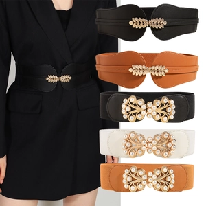 Women Fashion Wide Elastic Cinch Belt Gold Metal Leaf Buckle Artificial Pearl Corset Belt For Dresses Suits Decoration