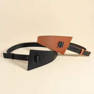 Ceinture large tendance en cuir PU pour femme en noir et marron au design géométrique