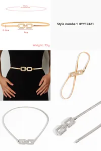 Close-up of flexible metal spring belt with geometric rhinestone buckle on a black dress