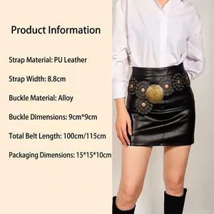 Large ceinture noire en similicuir style Western avec boucles rondes et détails bohèmes
