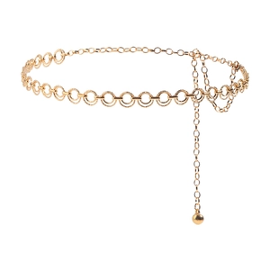 Elegant gold geometric metal waist chain belt with textured rings and drop ball detail