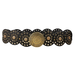 Ceinture vintage Y2K bohème en cuir noir avec disques métalliques ornementés