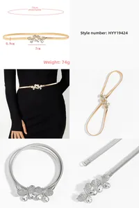 Detail of crystal butterfly buckle elastic metal belt showing 0.8cm width and size specs
