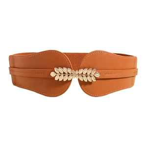 Women's caramel brown wide elastic waist belt with elegant golden metal leaf buckle