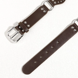 Dettaglio di cintura vintage in pelle marrone con borchie argentate e fibbia rotonda in metallo