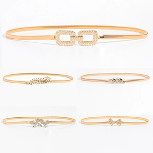 Women Fashion Metal Elastic Waist Chain Belt With Rhinestone Bow Butterfly Leaf Buckle Stretch Dress Accessory Jewelry Belt