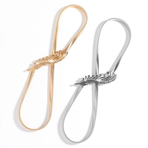 Elastic leaf buckle metal waist chain with rhinestones in gold and silver finish