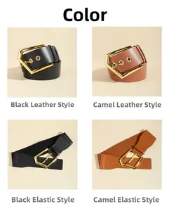 Detail view of stylish waist belts with gold geometric buckles in black and camel colors