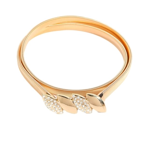 Elastic gold leaf belt for dresses featuring rhinestones and a polished spring metal band