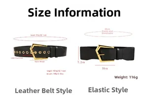 Detailed size chart for women elastic PU belts with gold geometric buckles in two styles
