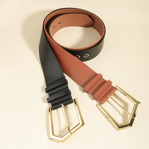 Women's wide elastic waist belt with geometric gold buckle in black and caramel brown leather