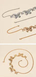 Détails de chaînes de taille papillon en métal avec ailes gaufrées en fini or et argent