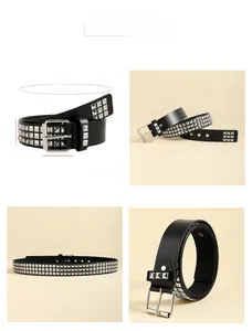 Detail view of punk style black belt showing 106cm length and silver pyramid studs
