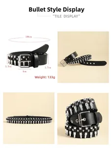 Detail view of black punk leather belt with silver bullet studs and size specifications