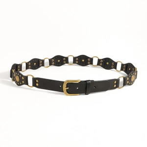 Cintura in pelle vintage Y2K con borchie, anelli di bronzo e rilievi a girasole