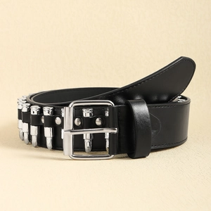 Black punk style leather belt with silver metal bullet studs and classic pin buckle