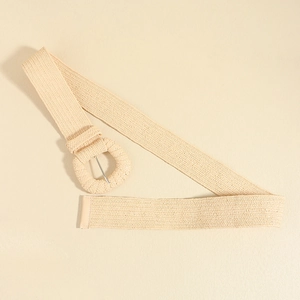 Beige hand-woven grass belt for dresses with a large circular buckle for summer fashion